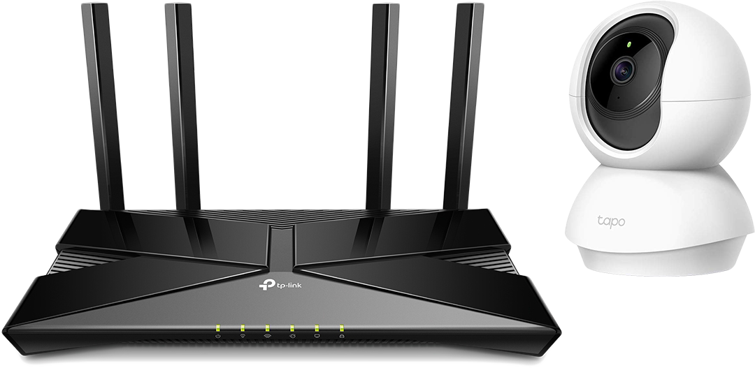 TP-Link WiFi router 4 antennával, és egy fehér Tapo biztonsági kamera. Fekete-fehér.