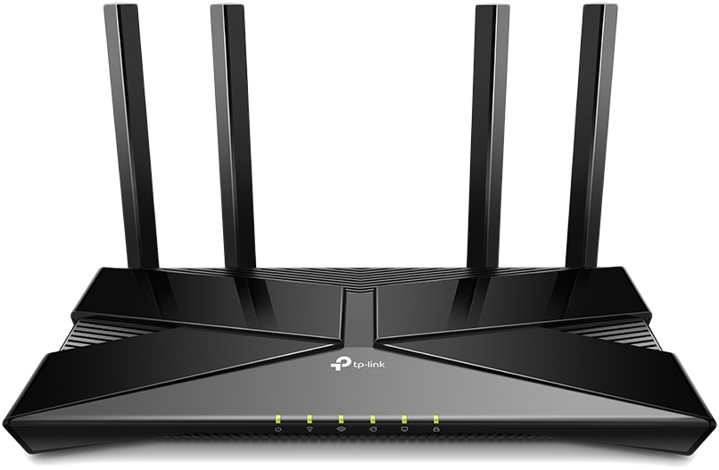 Egy fekete TP-Link router négy antennával. Zöld lámpák vannak az elején és fekete háttér.