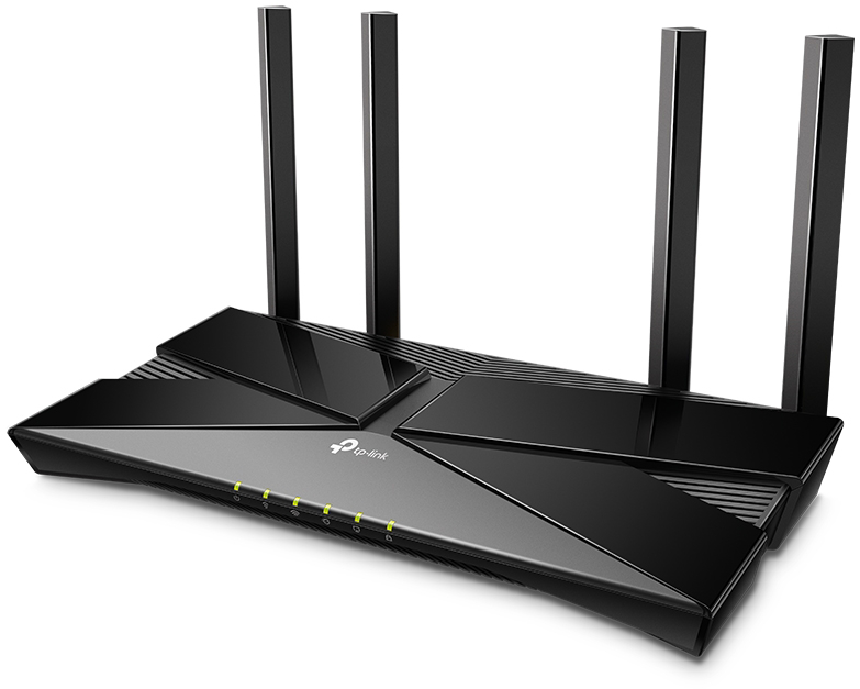 Fekete router több antennával, felülnézetben, jelzőfényekkel és a tp-link logóval.