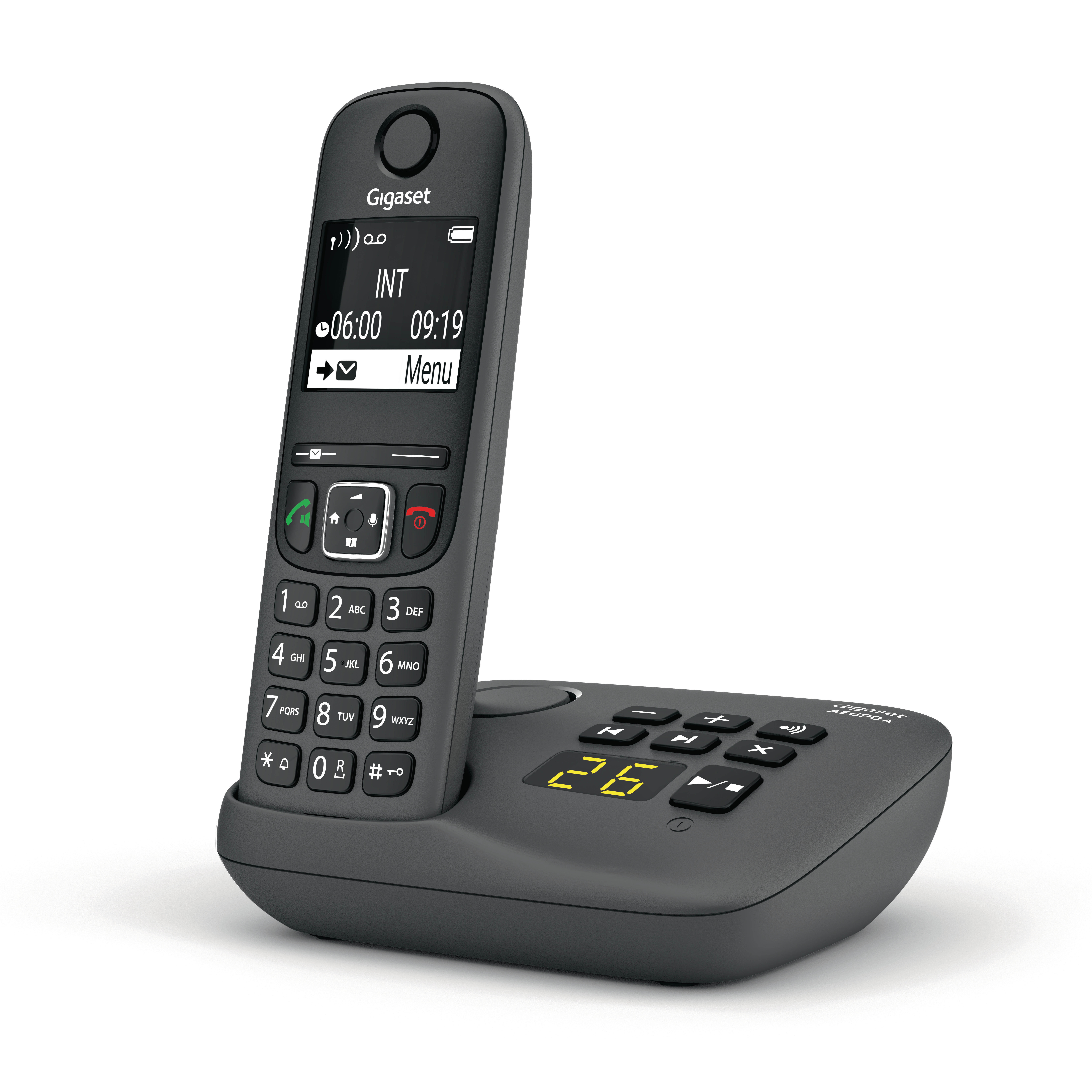 Ein schwarzes Festnetztelefon mit separater Basisstation, zeigt Uhrzeit und Menüoptionen.