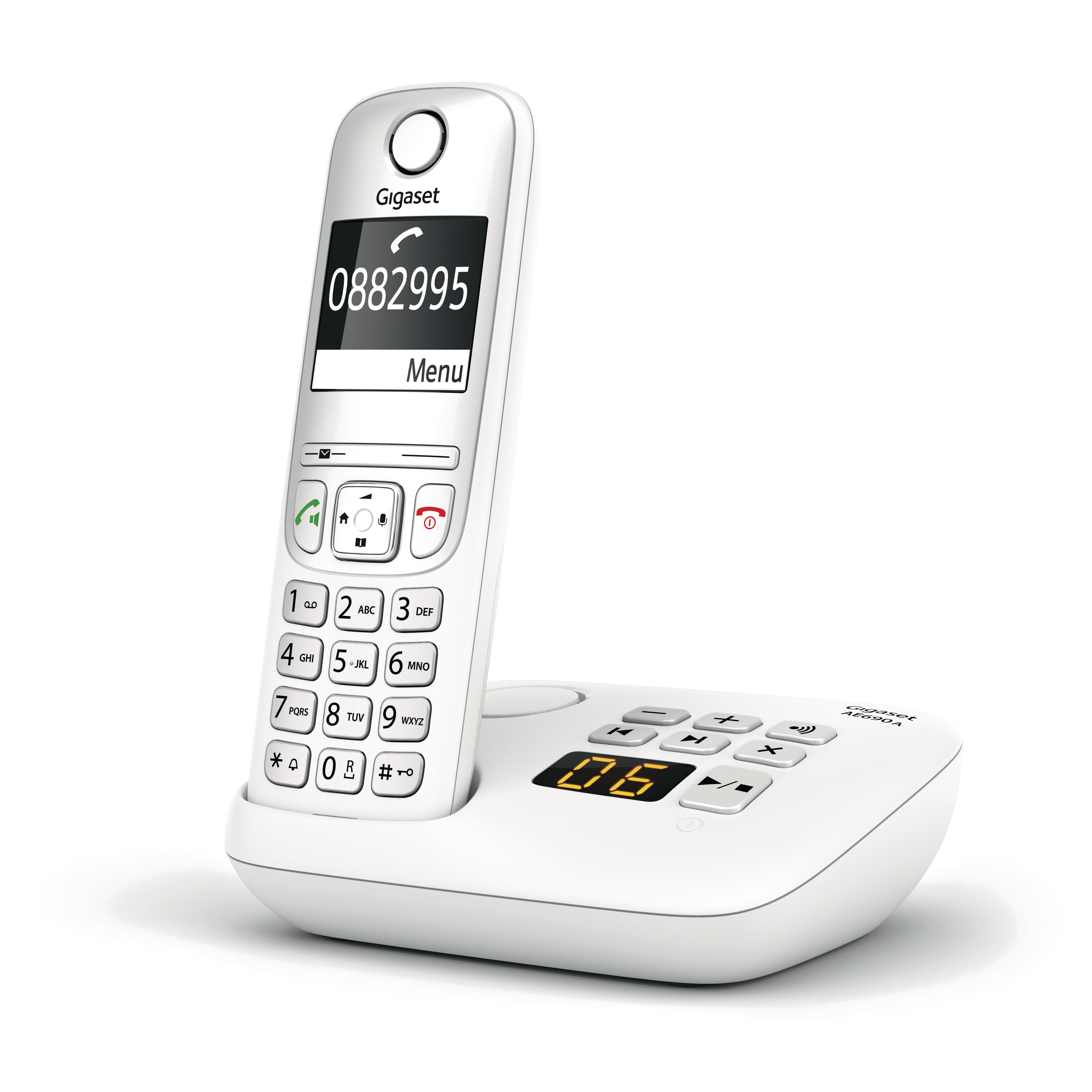 Ein weißes Gigaset-Schnurlostelefon und seine Basis. Das Telefon zeigt eine Telefonnummer auf dem Bildschirm.