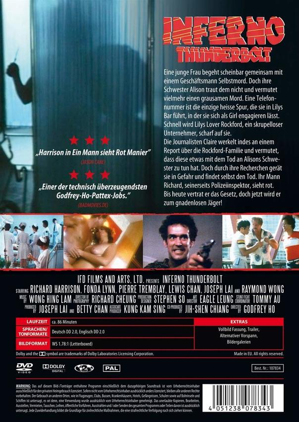 Filmposter für Inferno Thunderbolt. Text, Schauspieler und ein Mann mit einer Waffe sind sichtbar.