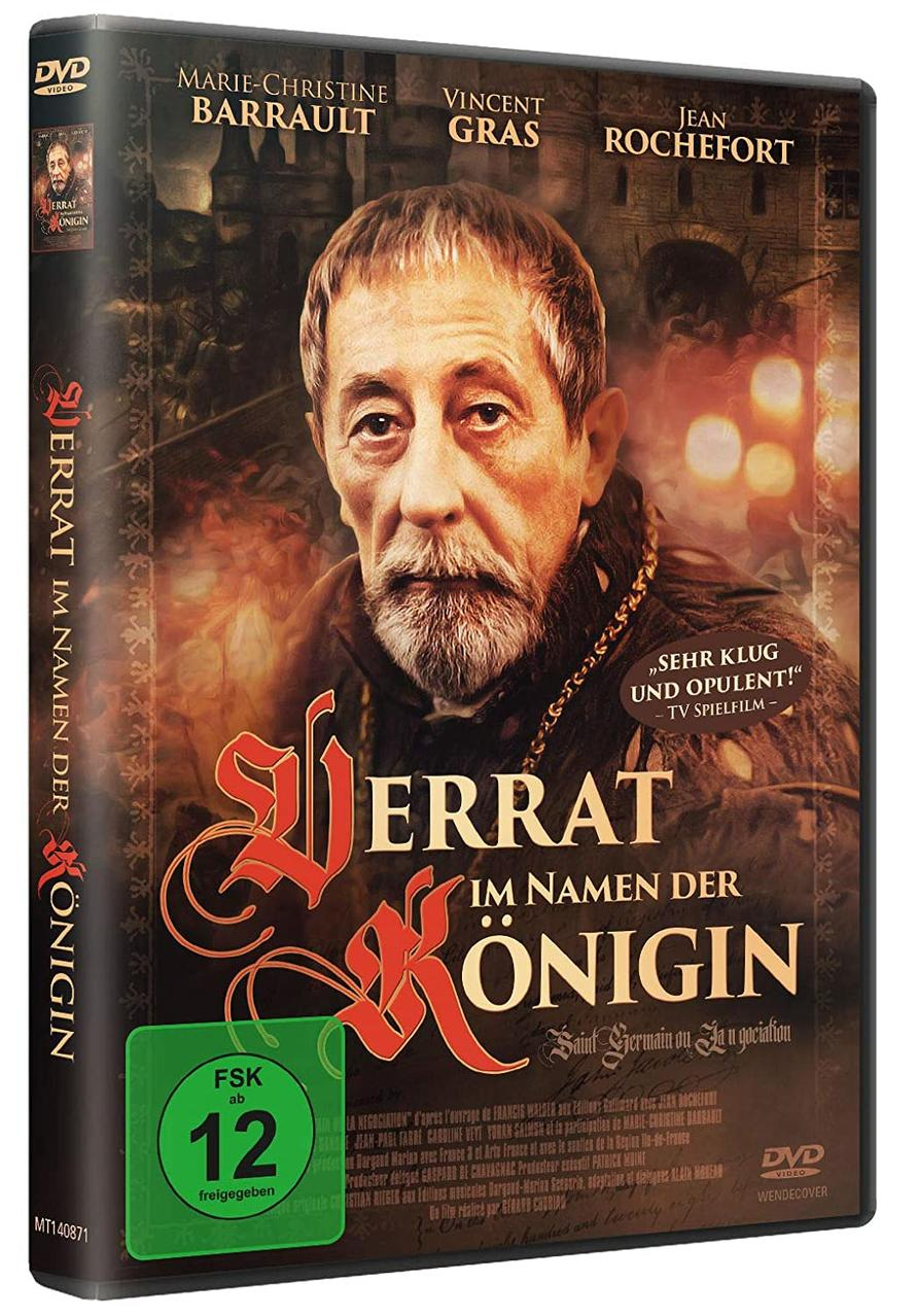 DVD-Cover. Mann in formeller Kleidung. Text: Verrat im Namen der Königin. Schauspieler: Marie-Christine Barrault, Vincent Gras.