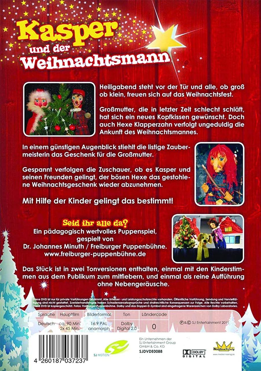 Die Rückseite einer DVD-Hülle mit Text auf Deutsch. Der Titel lautet 'Kasper und der Weihnachtsmann'.
