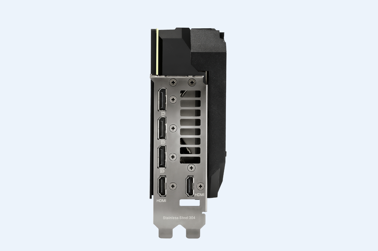 Seitenansicht einer schwarzen und silbernen Grafikkarte mit mehreren HDMI- und Display-Ports.