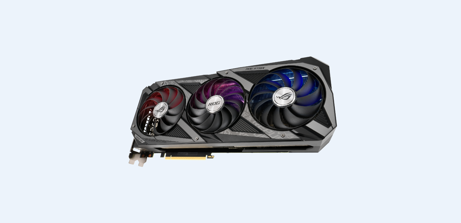 Eine Computer-Grafikkarte mit drei Lüftern und einem ROG Strix-Logo.