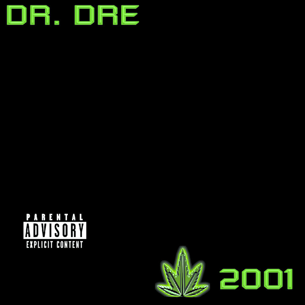 Album borító Dr. Dre, kannabisz levél és a 2001-es számmal.