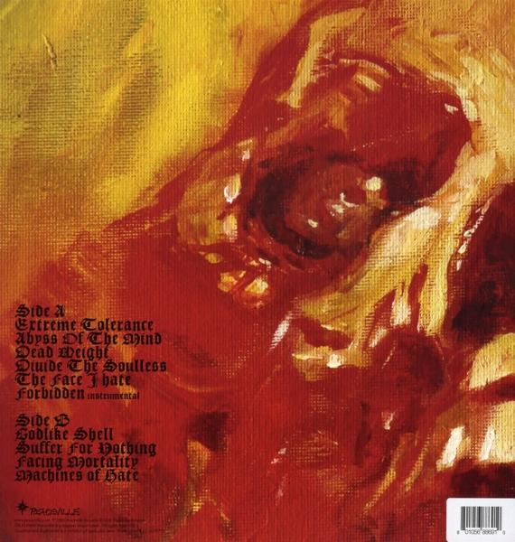 Albumcover mit abstrakter Kunst in Rot und Gelb. Eine Titelliste erscheint auf der linken Seite.