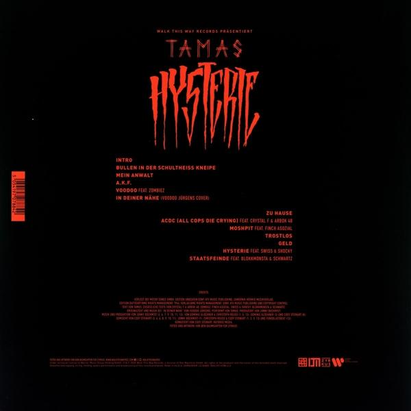 Rückseite eines Musikalbums mit rotem Text auf schwarzem Hintergrund.