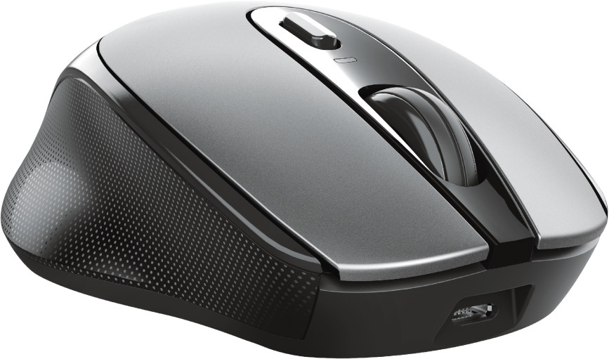 Souris d'ordinateur argentée et noire avec molette et port USB en bas.