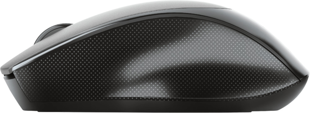 Souris d'ordinateur noire avec un dessus texturé. La souris est vue de côté.