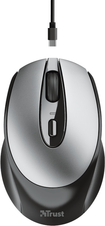 Une souris d'ordinateur argentée et noire avec une connexion USB-C filaire. La souris a une molette de défilement.