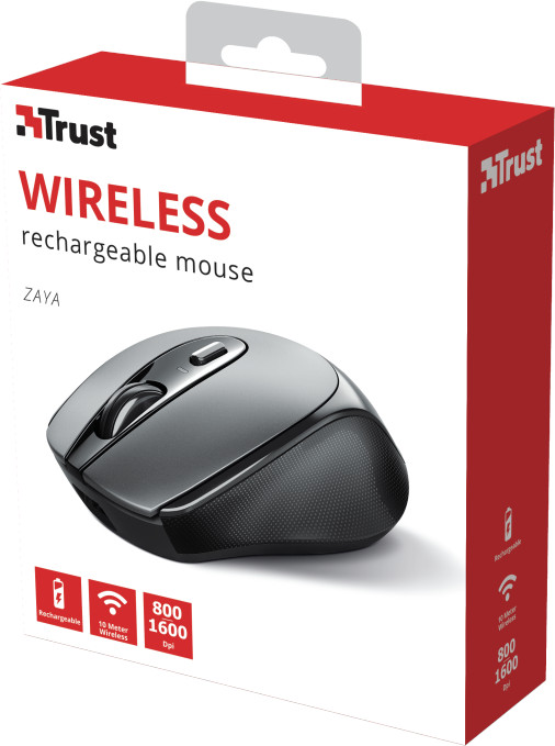 Souris sans fil dans une boîte avec la marque Trust. La souris est grise et noire.