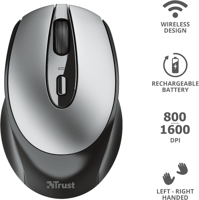 Souris sans fil argent et noir. Avec molette et boutons. Logo "Trust" visible.