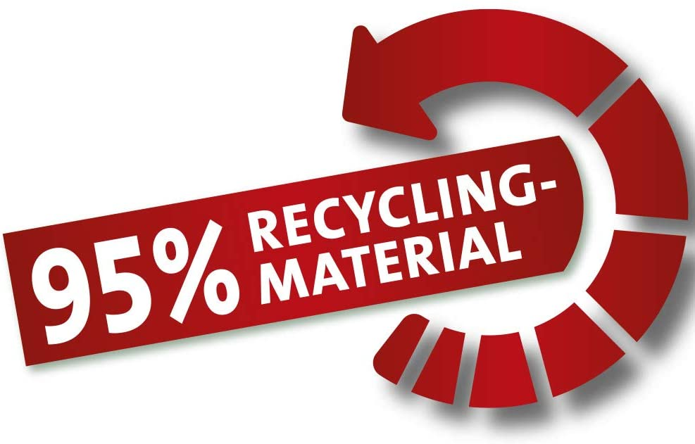 Rotes Recycling-Etikett mit 95 % Recycling-Material und einem Pfeil.