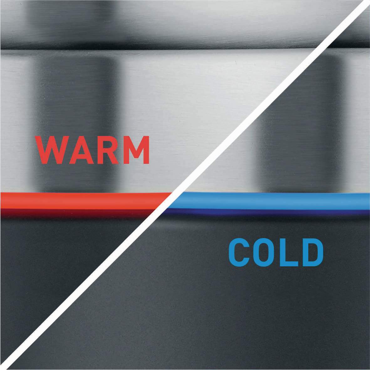 Rot und blau markieren warm und kalt auf einem Metallhintergrund.