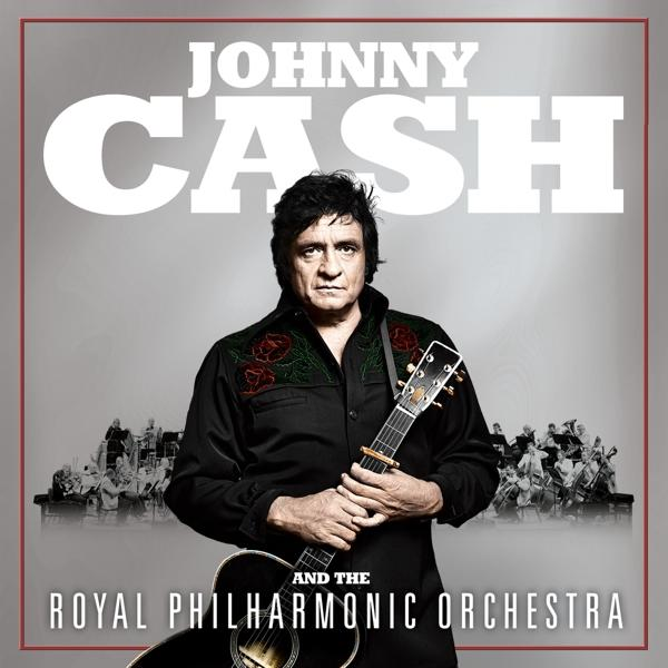 Johnny Cash album cover: Cash met een gitaar, orkest op de achtergrond. Zwart en wit.