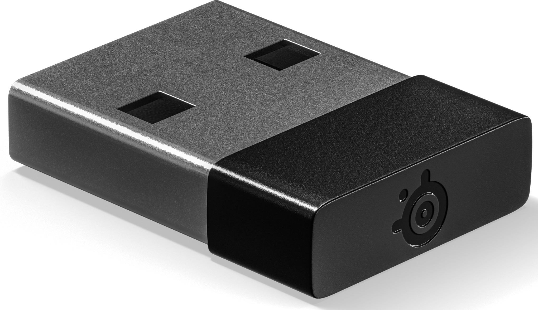 Schwarzer USB-Empfänger. Zwei Schlitze oben, Steelseries-Logo seitlich. Schwarzer Hintergrund.