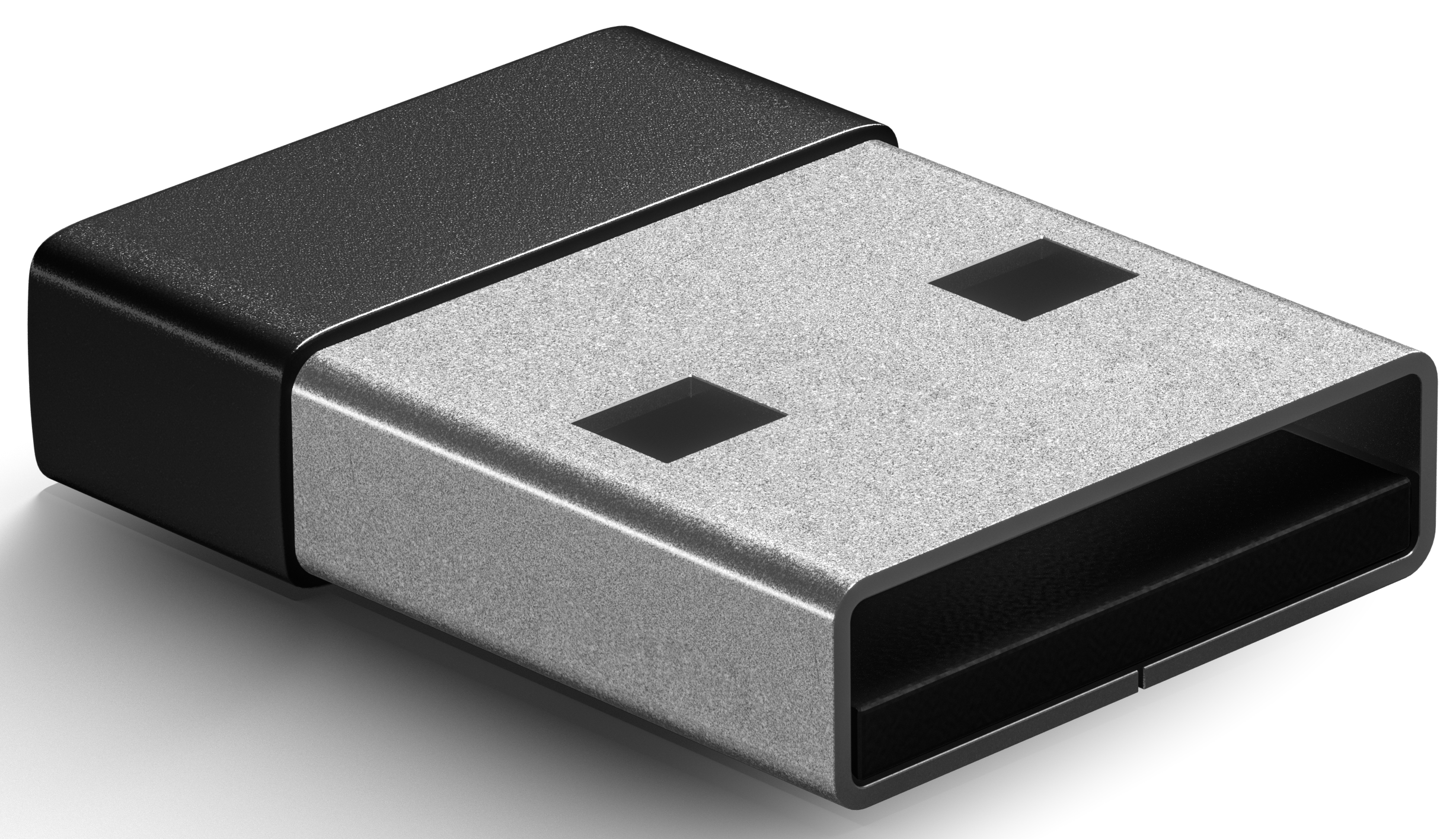 Ein schwarzer und silberner USB-Stick mit schwarzer Kappe auf schwarzem Hintergrund.