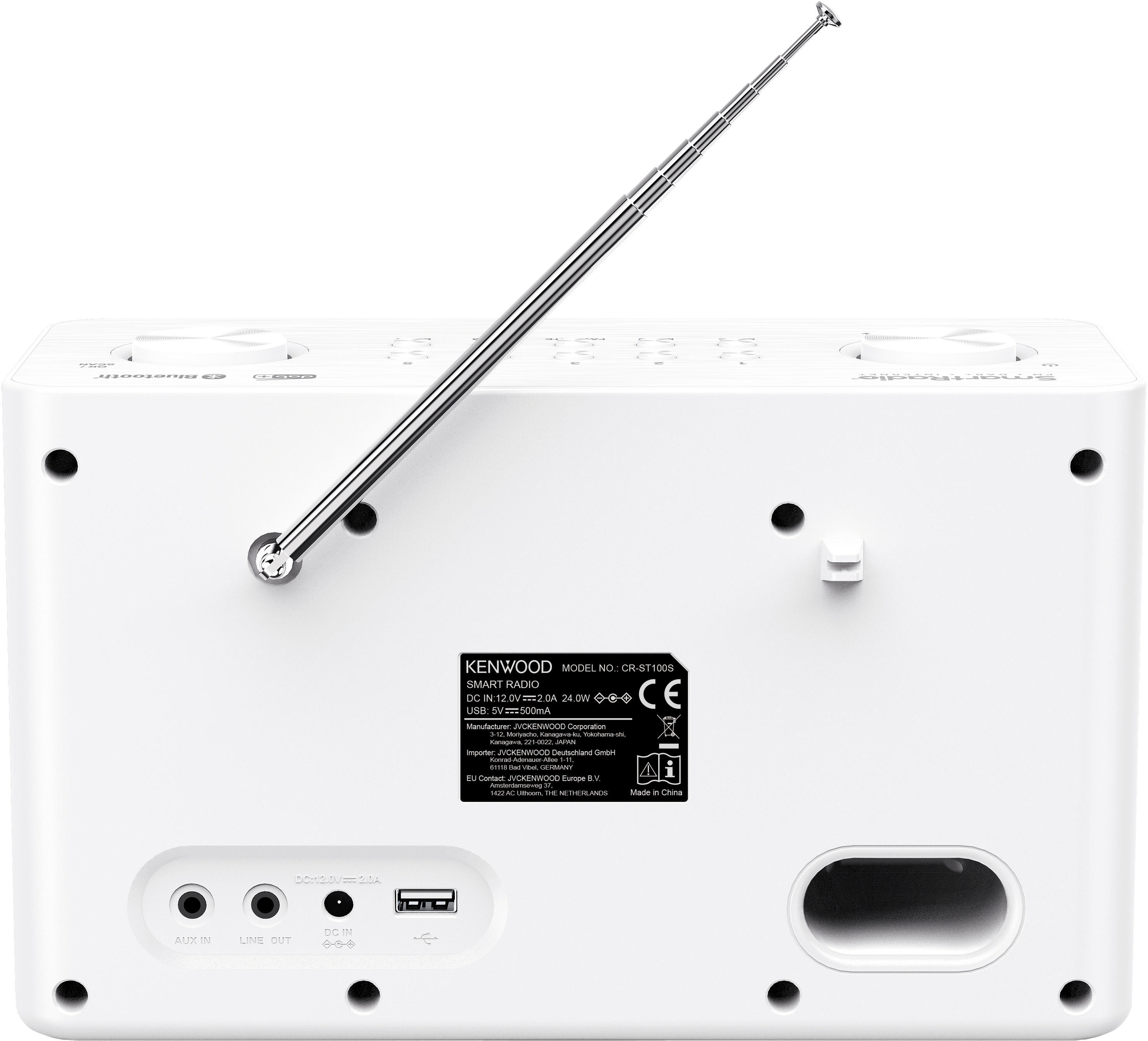 Weißes Kenwood Smart Radio, Rückansicht, mit Antenne und Ein-/Ausgängen.