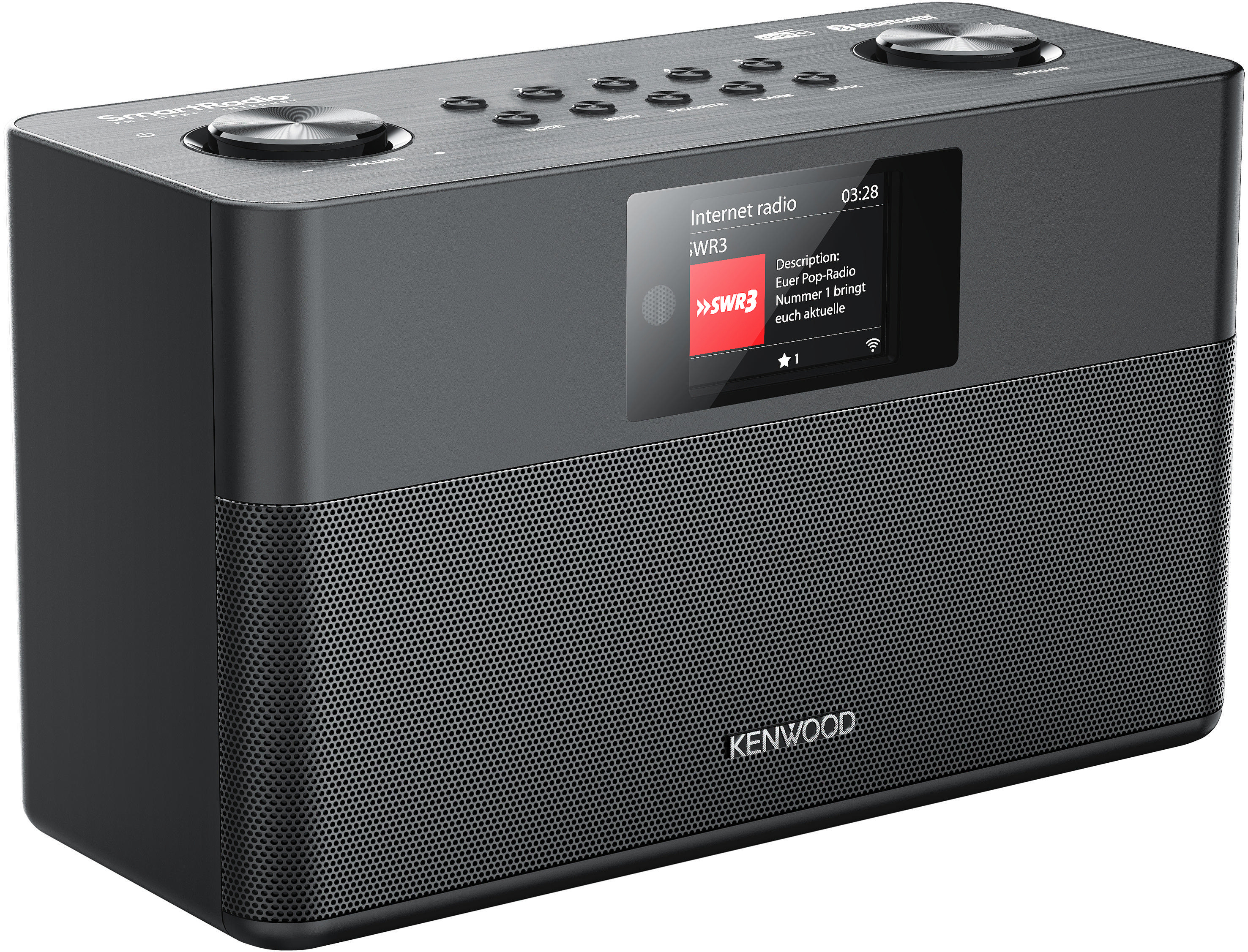 Schwarzes und graues Kenwood Internetradio mit einem Bildschirm, der Radioinformationen anzeigt.