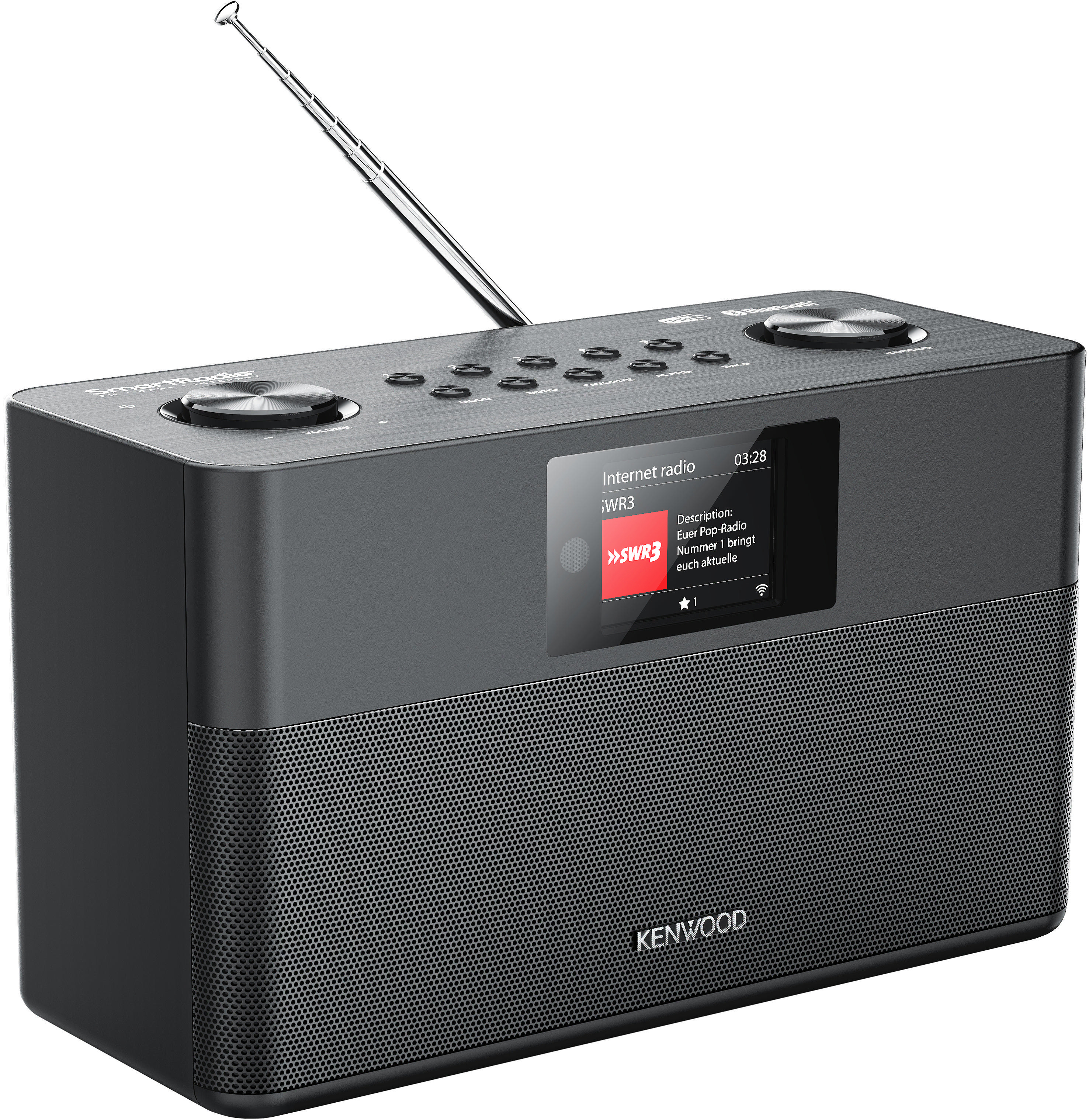 Ein schwarzes Internetradio auf einem Tisch. Ein kleiner Bildschirm zeigt Radioinformationen.