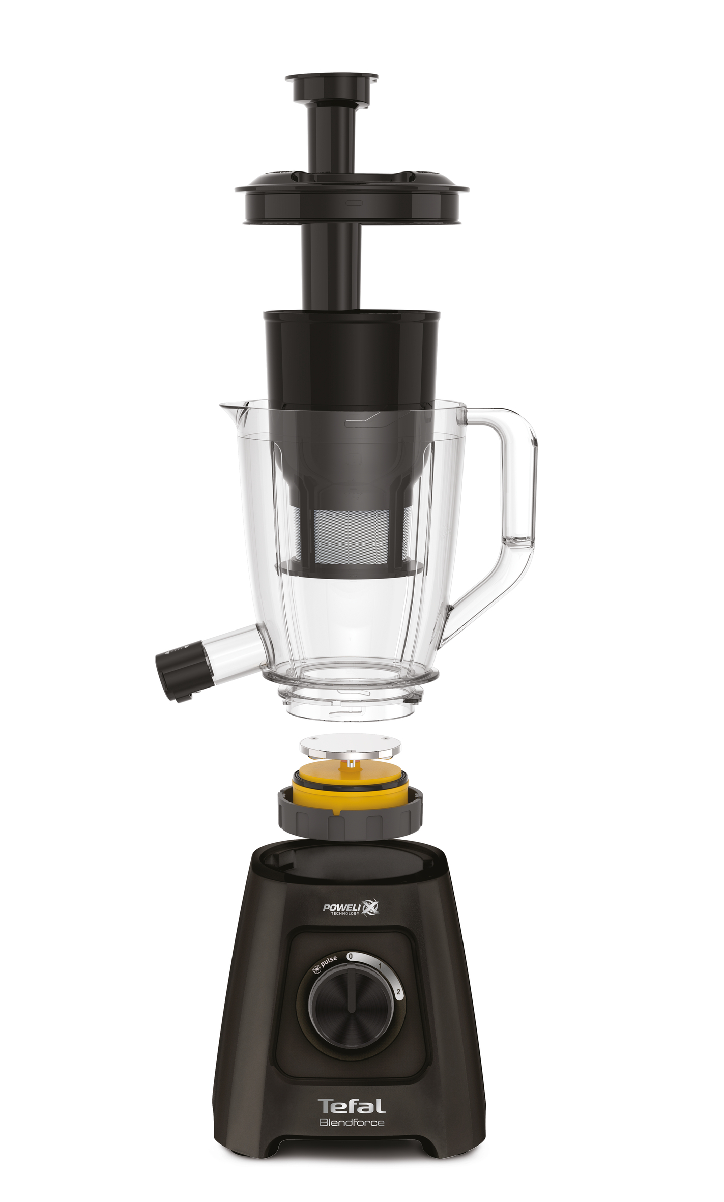 Tefal katı meyve sıkacağı, sökülmüş. Siyah taban, şeffaf sürahi ve siyah bileşenler.