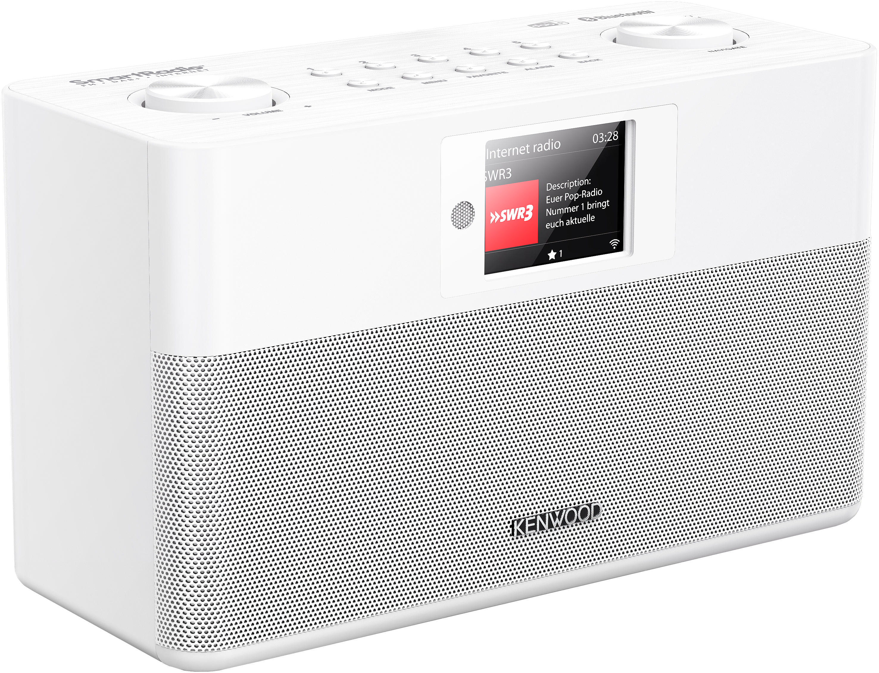 Weißes Kenwood-Radio mit einem Bildschirm, der 'Internetradio' und das SWR3-Logo anzeigt.