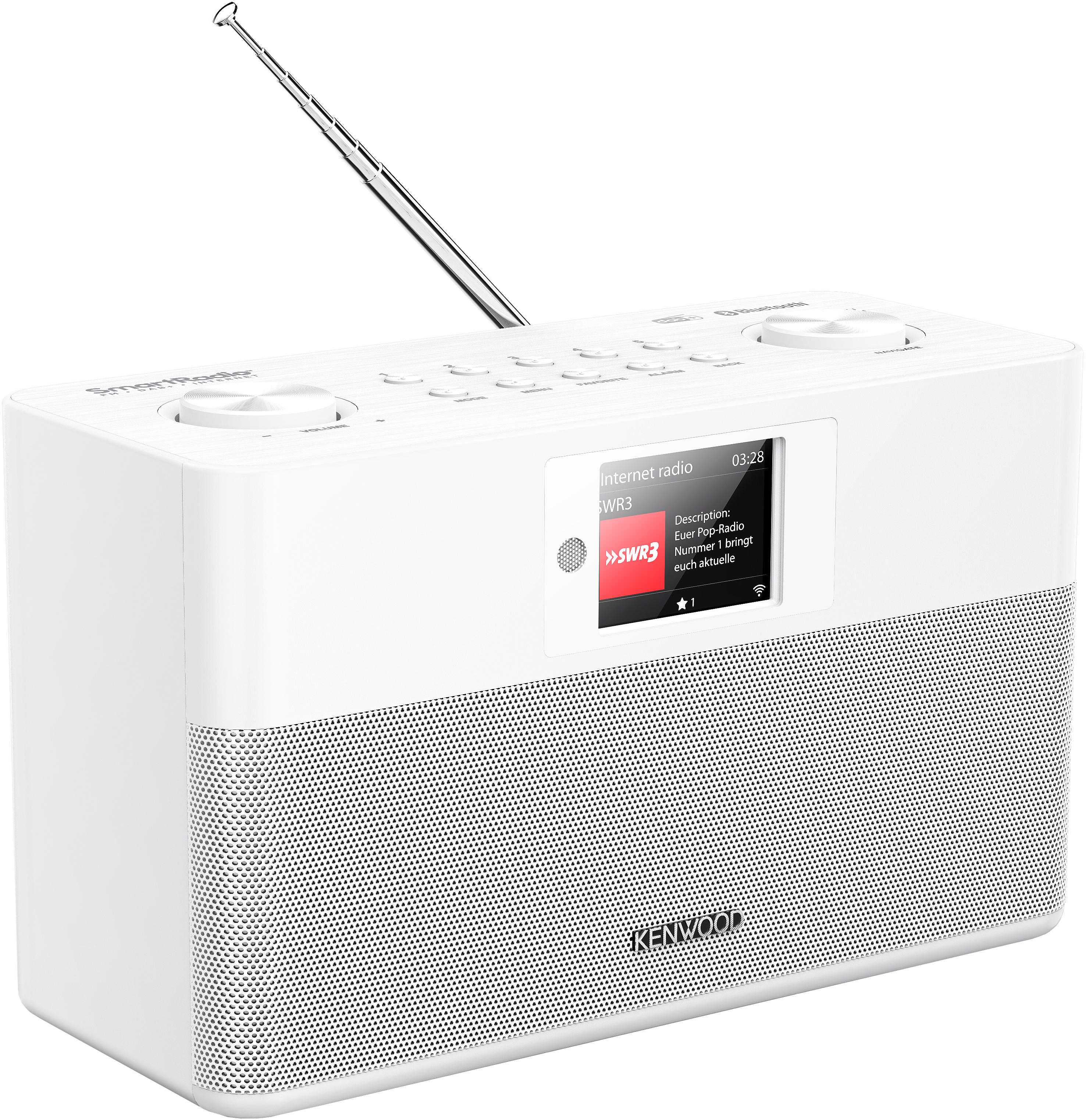 Ein weißes Internetradio mit Bildschirm, der Informationen anzeigt, und einer Antenne.