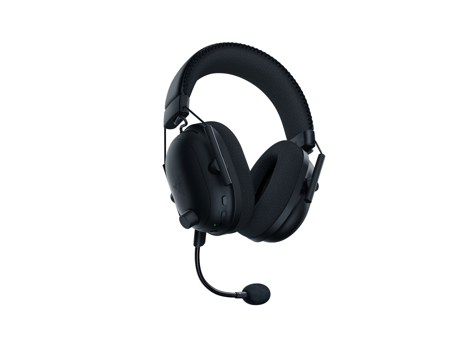 Ein schwarzes Razer Gaming-Headset mit Mikrofon, vor weißem Hintergrund.