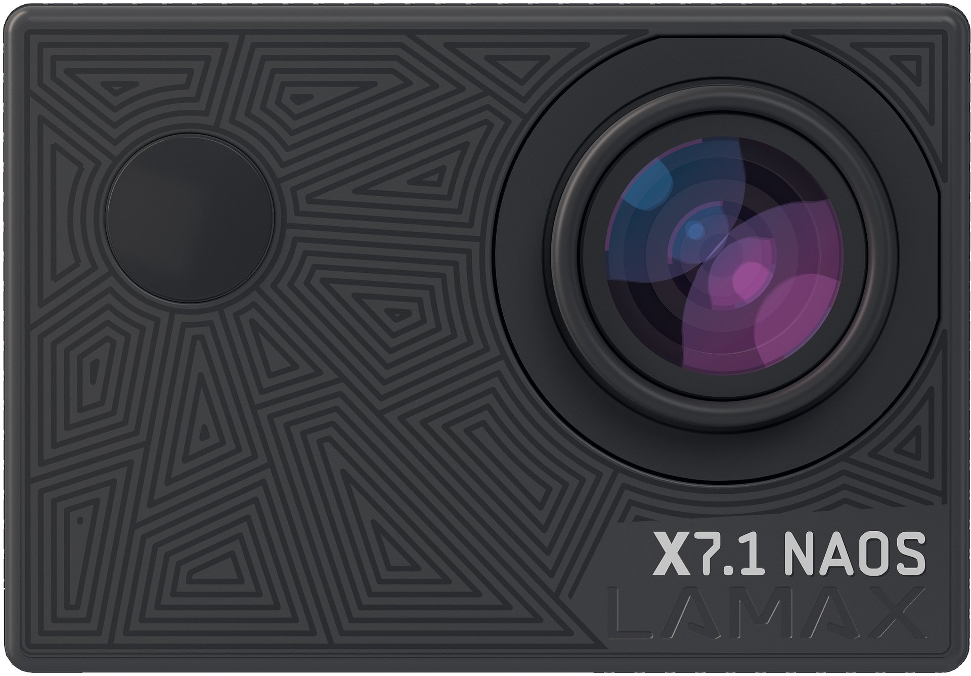 Fekete kamera lencsével, gombbal és geometriai mintával. A szöveg: X7.1 NAOS LAMAX.