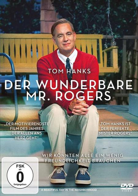 DVD-Cover des Films 'A Beautiful Day in the Neighborhood' mit Tom Hanks auf einer Bank sitzend.