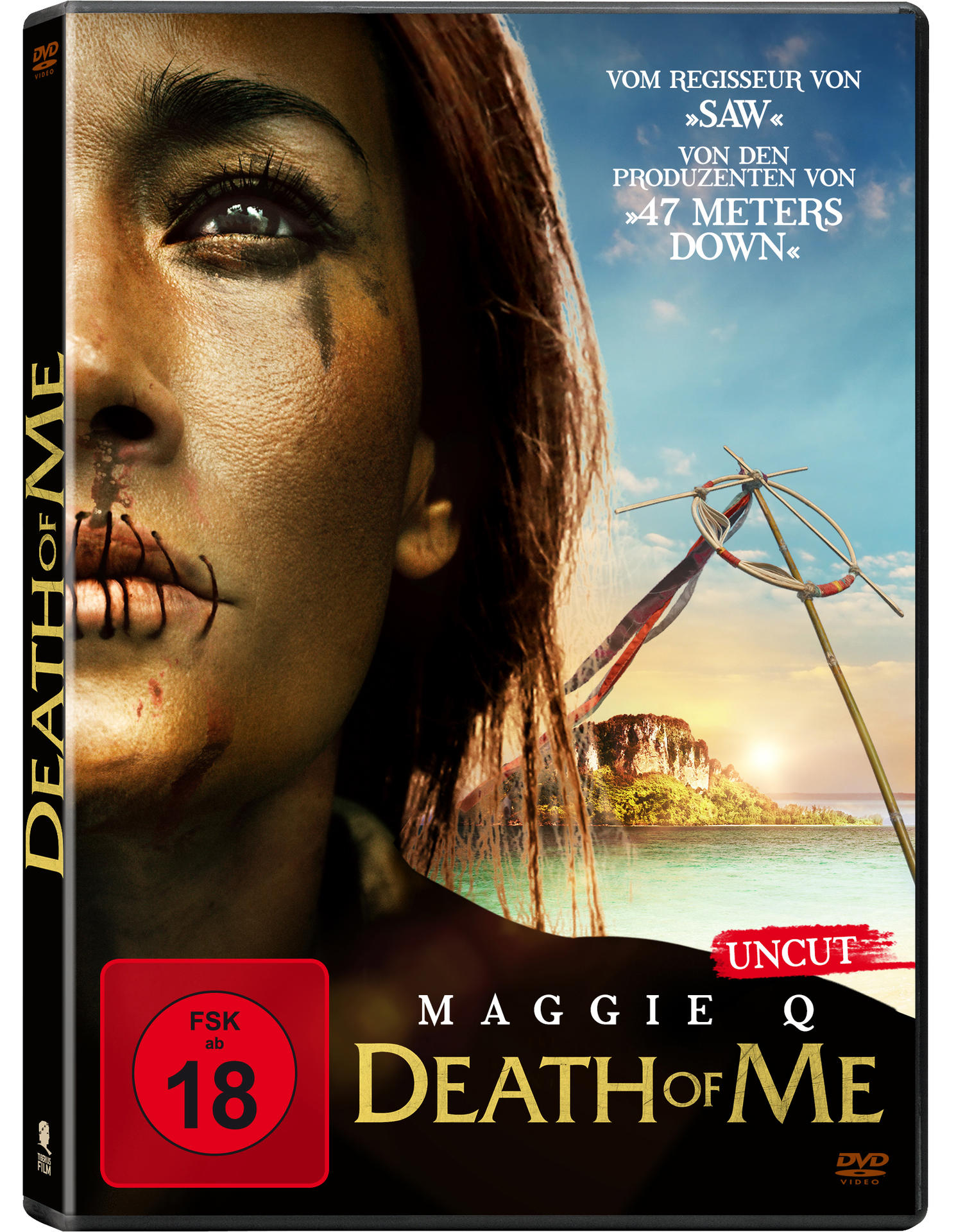 DVD-Cover für Death of Me, mit einem Frauengesicht und einer tropischen Strandszene.