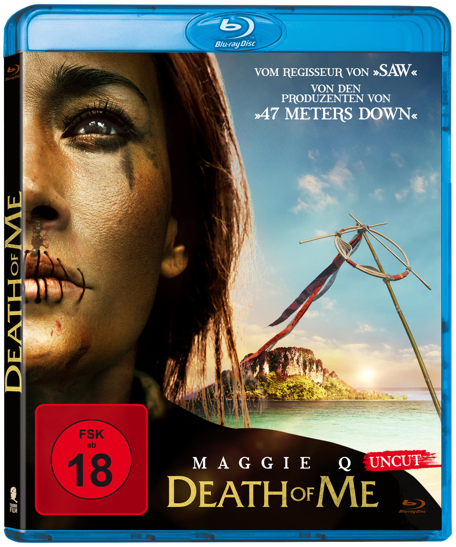 Blu-ray-Cover von Death of Me. Gesicht einer Frau mit zugenähtem Mund. Tropische Insel im Hintergrund.