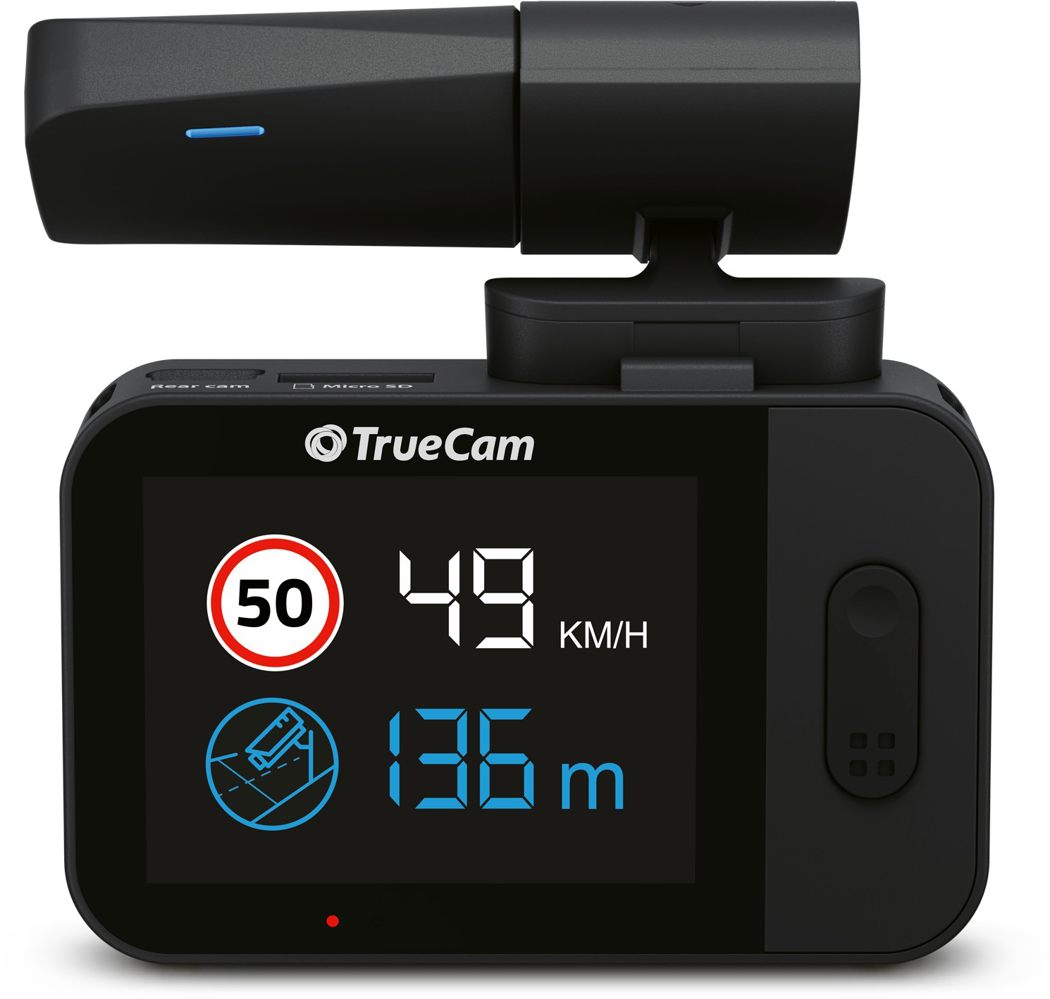 Egy fekete műszerfali kamera 49 km/h sebességet és 136 m távolságot jelenít meg a képernyőjén.