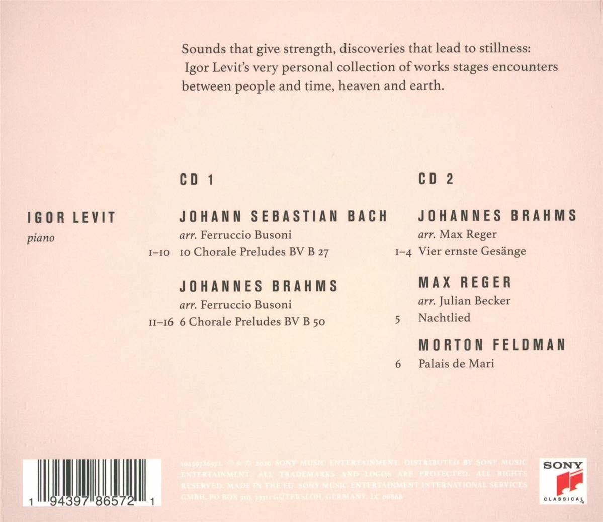 Rückseite einer CD-Hülle. Der Text listet Albumtitel und Credits für Igor Levit, Johannes Brahms und Max Reger auf.