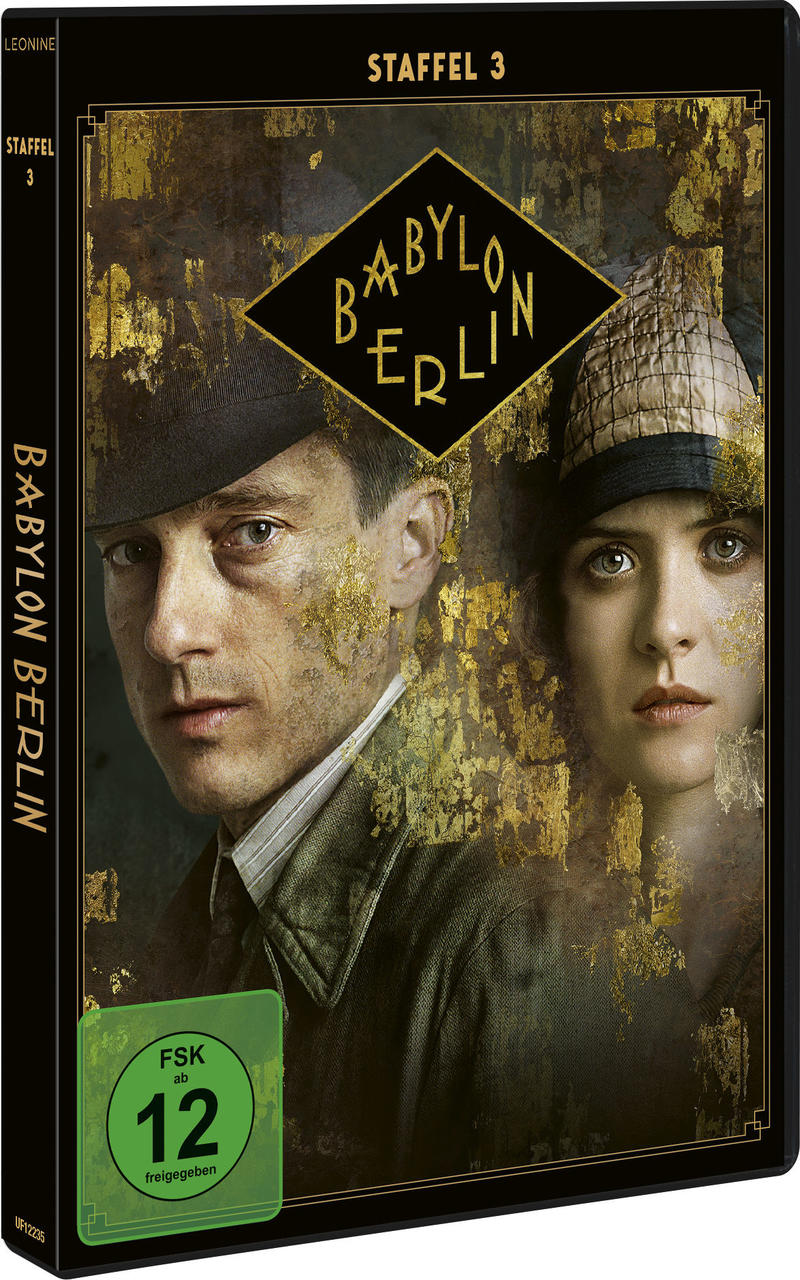 DVD-Hülle für Babylon Berlin Staffel 3, mit zwei Schauspielern. Goldakzente und Text.