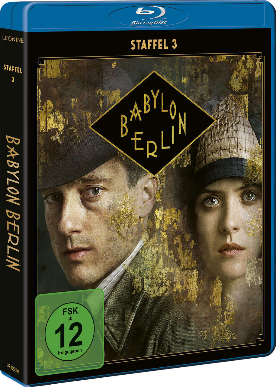 Die Box des Babylon Berlin Blu-ray Sets. Es zeigt zwei Personen auf dem Cover und hat deutschen Text.