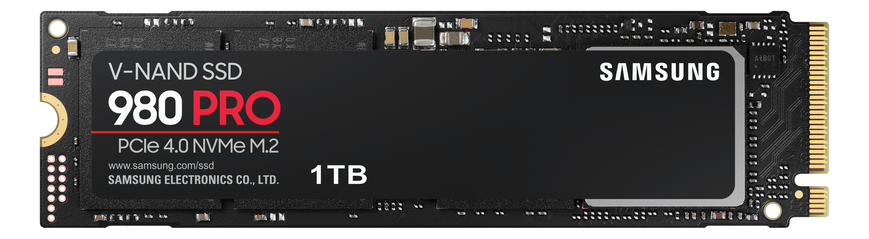 SSD-Laufwerk mit schwarzem Etikett: Samsung 980 PRO, 1TB Kapazität. Schwarzer Hintergrund mit weißem Text und roten Akzenten.