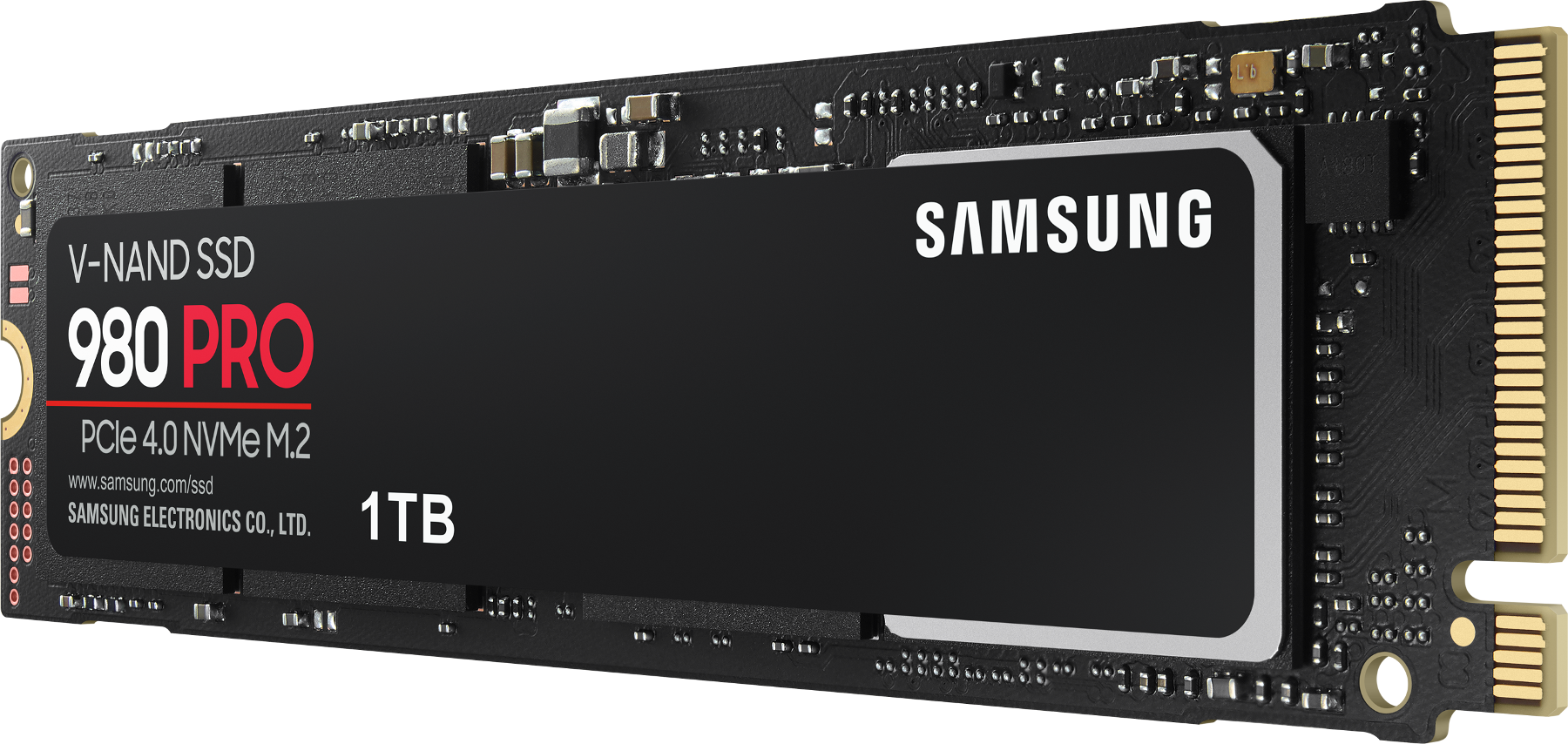 Eine schwarze Samsung 980 PRO SSD. Es hat ein schwarzes Etikett mit weißem Text: V-NAND SSD, 980 PRO, 1TB.