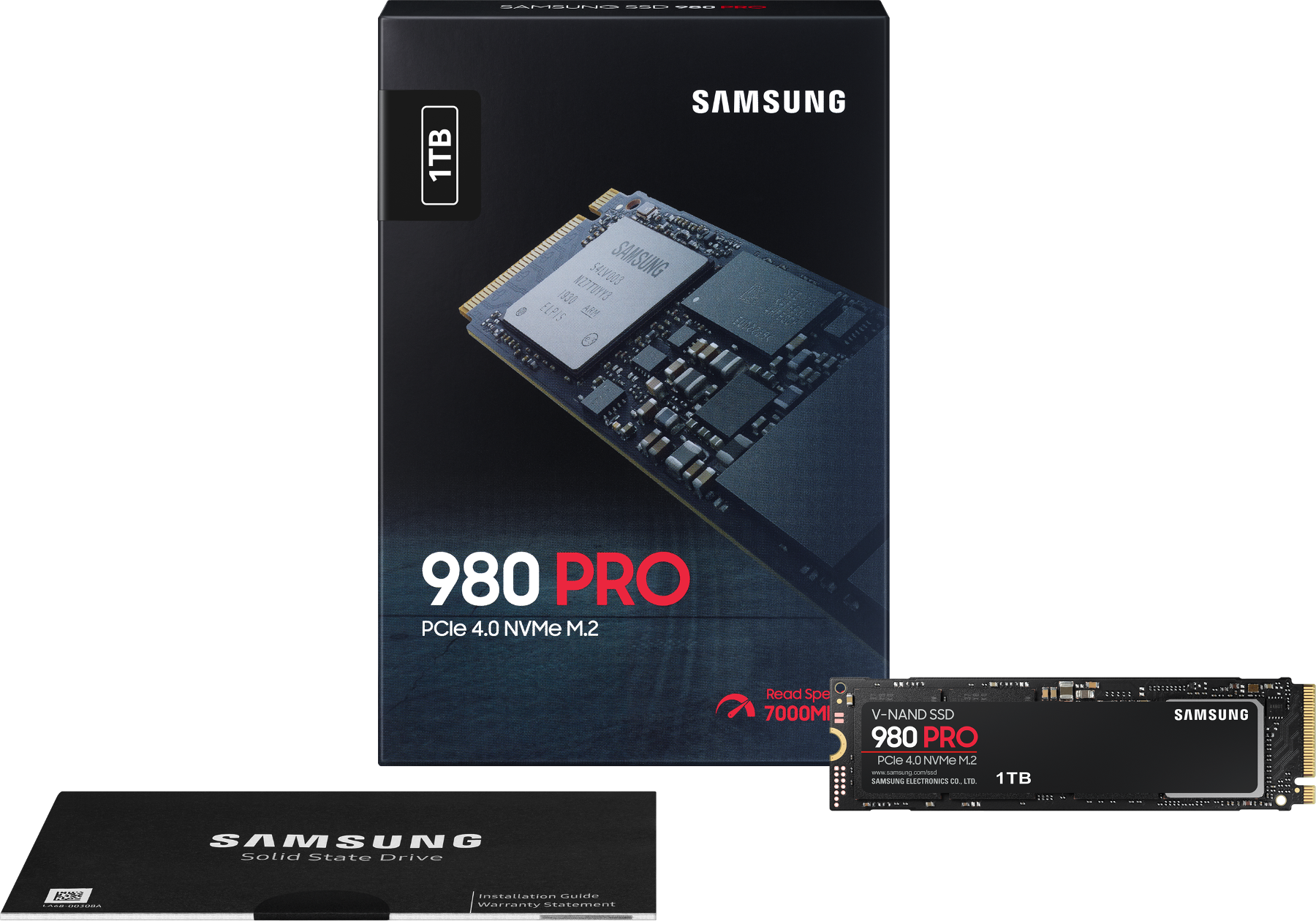 Samsung 980 PRO SSD Box und Laufwerk. Schwarzer Hintergrund. Box zeigt Laufwerkbild und Spezifikationen.