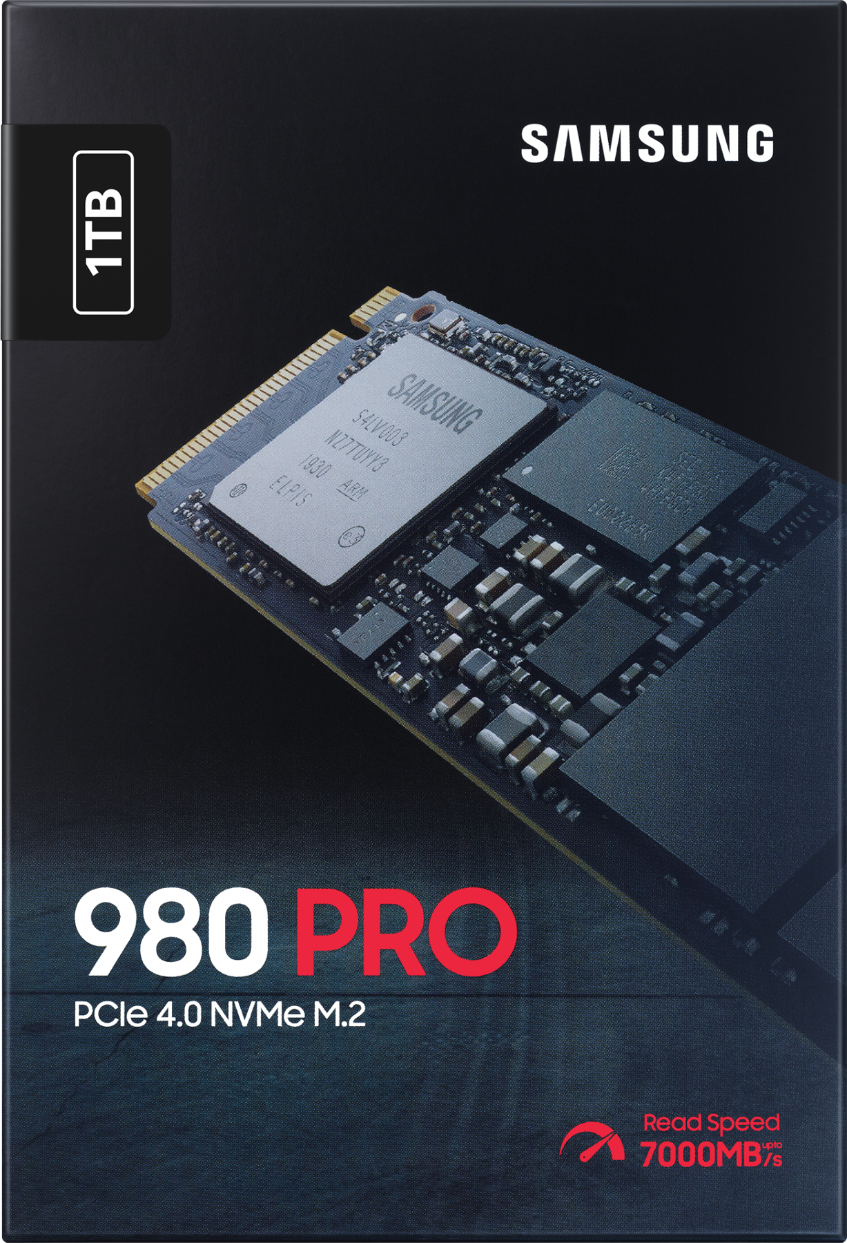 SSD-Laufwerk Verpackung mit der Marke Samsung und dem Modell 980 PRO auf schwarzem Hintergrund.