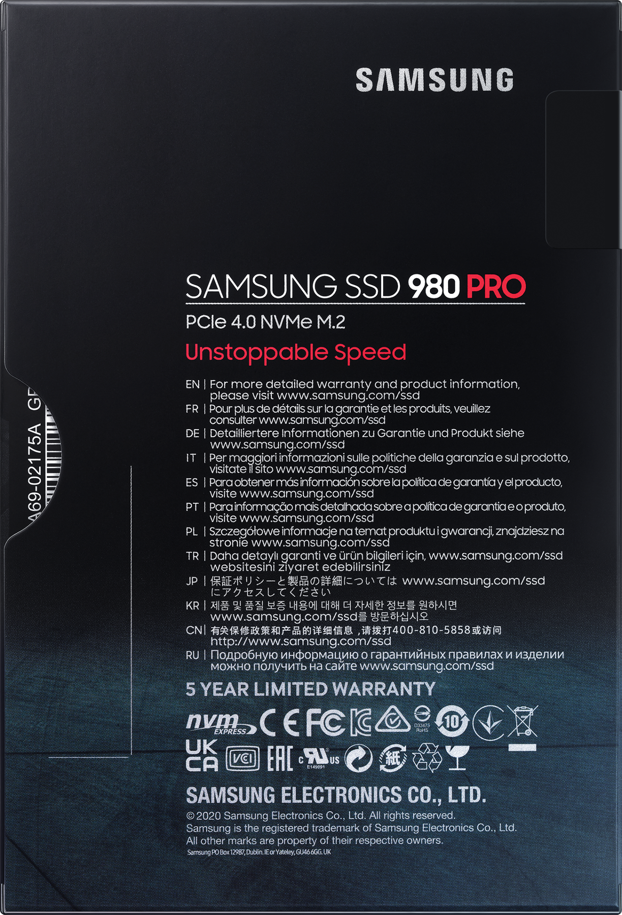 Schachtel der Samsung SSD 980 PRO. Text in mehreren Sprachen, mit Samsung-Logo und Produktdetails.