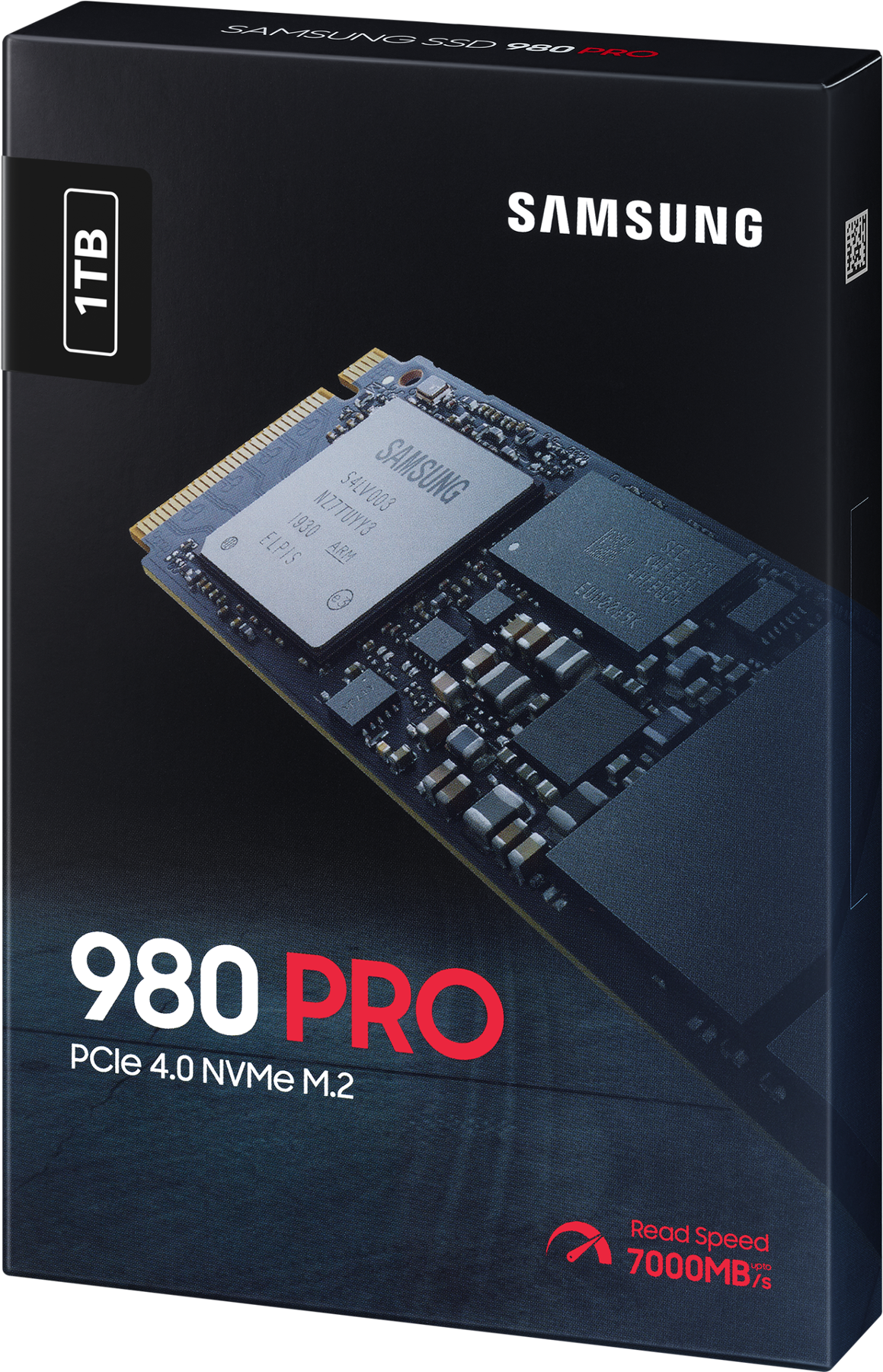 Samsung 980 PRO SSD-Box. Schwarze Box mit sichtbarer SSD und Produktdetails auf der Seite.