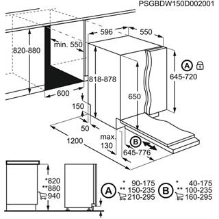 Egy diagram, amely a beépített mosogatógép méreteit mutatja vonalakkal és mérésekkel.