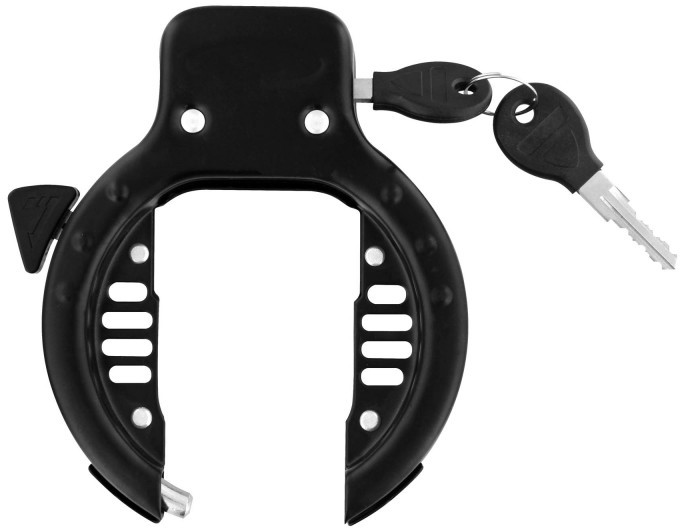 Black U-shaped bicycle lock with keys inserted.