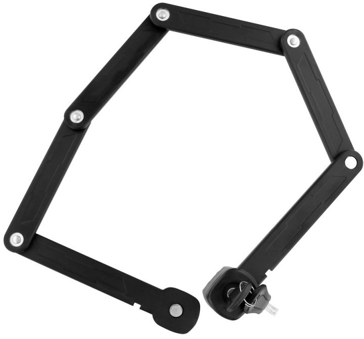 Black folding bike lock. It is open. Silver rivets hold it together. The key is attached.