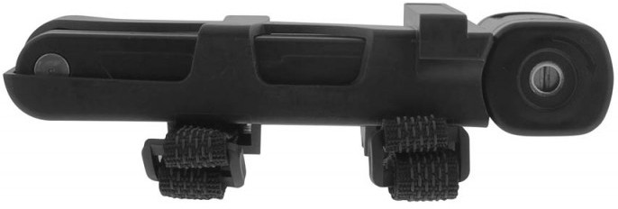 A black bike lock, mounted on the bike frame, with two straps.