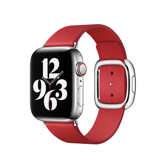 Apple Watch mit rotem Lederarmband und schwarzem Bildschirm.