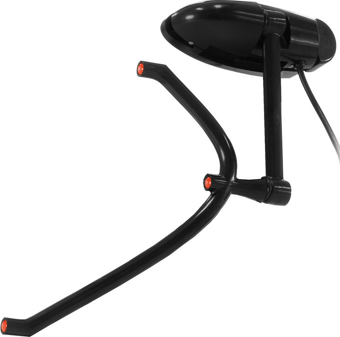 Schwarze Webcam mit gebogenen Armen und roten LEDs. Weißer Hintergrund.